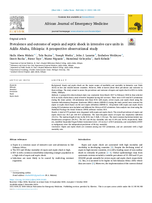(PDF) Prevalence and outcome of sepsis and septic shock in intensive ...