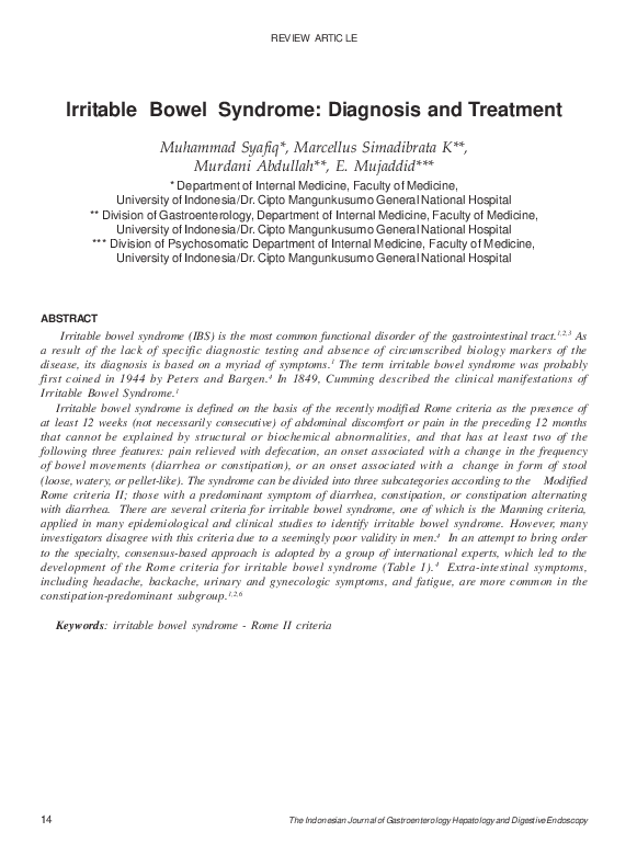 (PDF) Irritable Bowel Syndrome: Diagnosis and Treatment