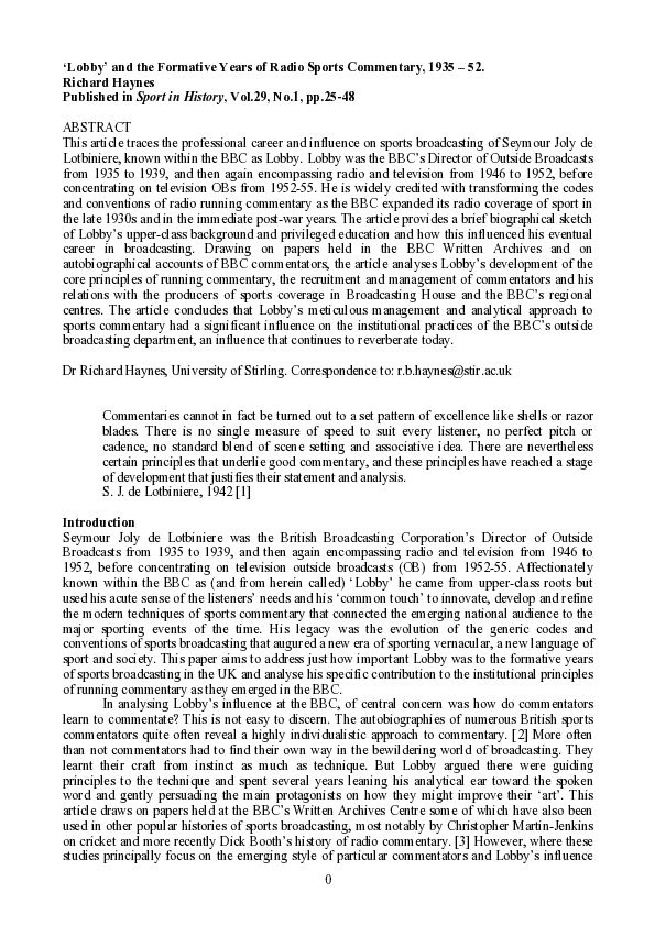 (PDF) ‘Lobby’ and the Formative Years of Radio Sports Commentary, 1935–1952