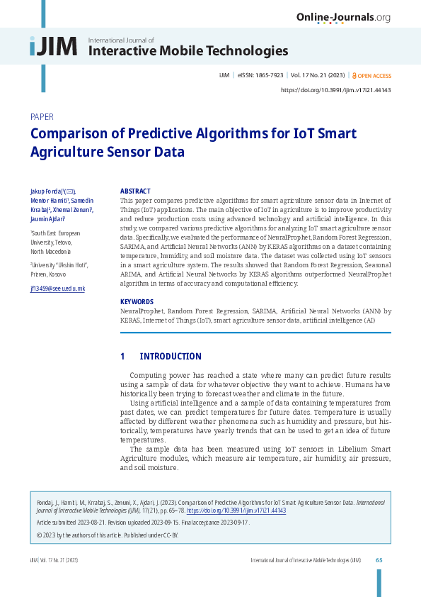 (PDF) Comparison of Predictive Algorithms for IOT Smart Agriculture ...