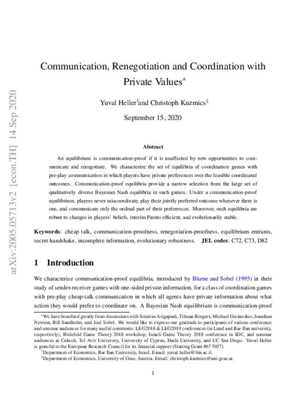 (PDF) Communication, Renegotiation and Coordination With Private Values