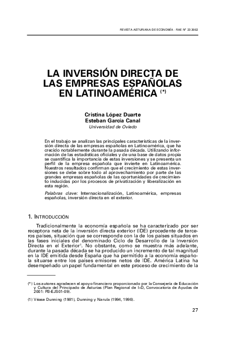 (PDF) La inversión directa de las empresas españolas en Latinoamérica
