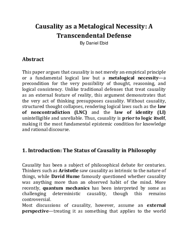 (PDF) Causality as a Metalogical Necessity: A Transcendental Defense