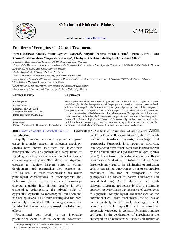 (PDF) Frontiers of Ferroptosis in Cancer Treatment