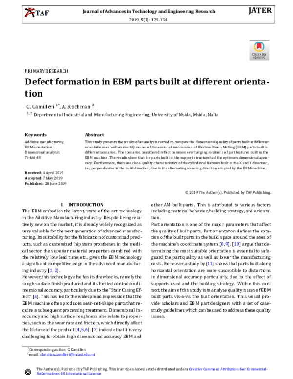 (PDF) Defect formation in EBM parts built at different orientation
