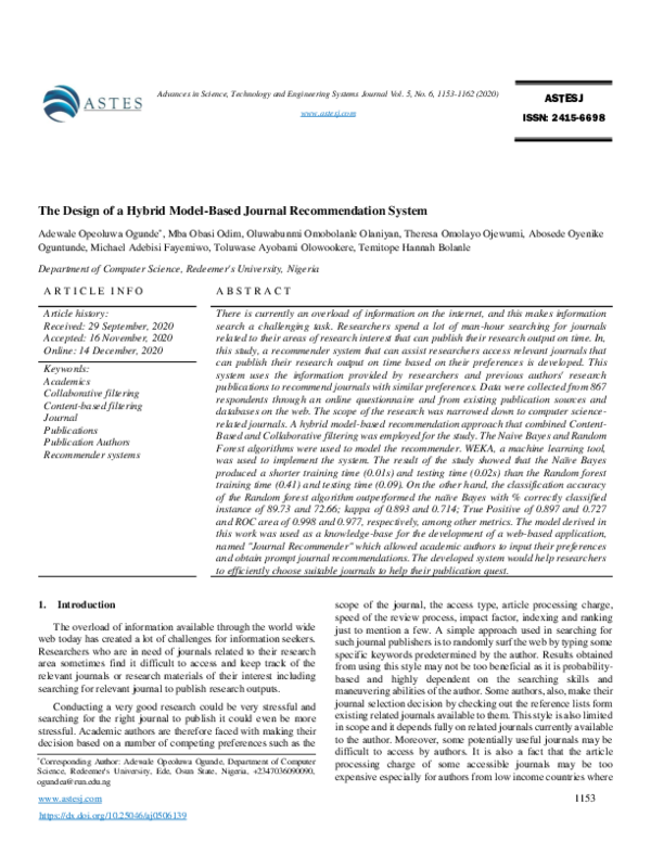 (PDF) The Design of a Hybrid Model-Based Journal Recommendation System