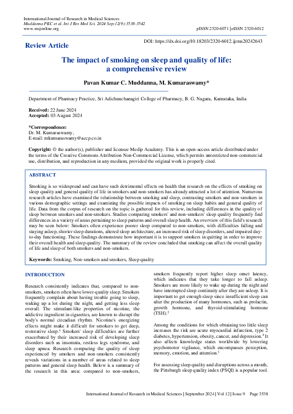 (PDF) The impact of smoking on sleep and quality of life: a ...