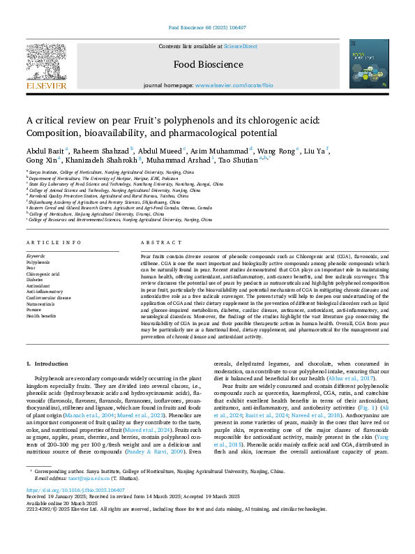 (PDF) A critical review on pear Fruit's polyphenols and its chlorogenic ...