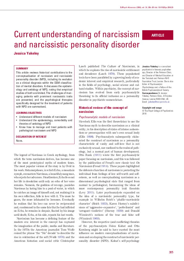 (PDF) Current understanding of narcissism and narcissistic personality ...