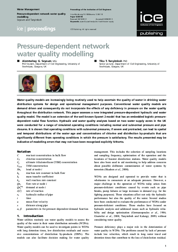 (PDF) Pressure-dependent network water quality modelling