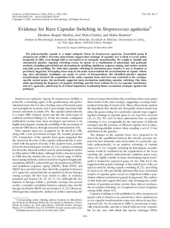 (PDF) Evidence for Rare Capsular Switching in Streptococcus agalactiae