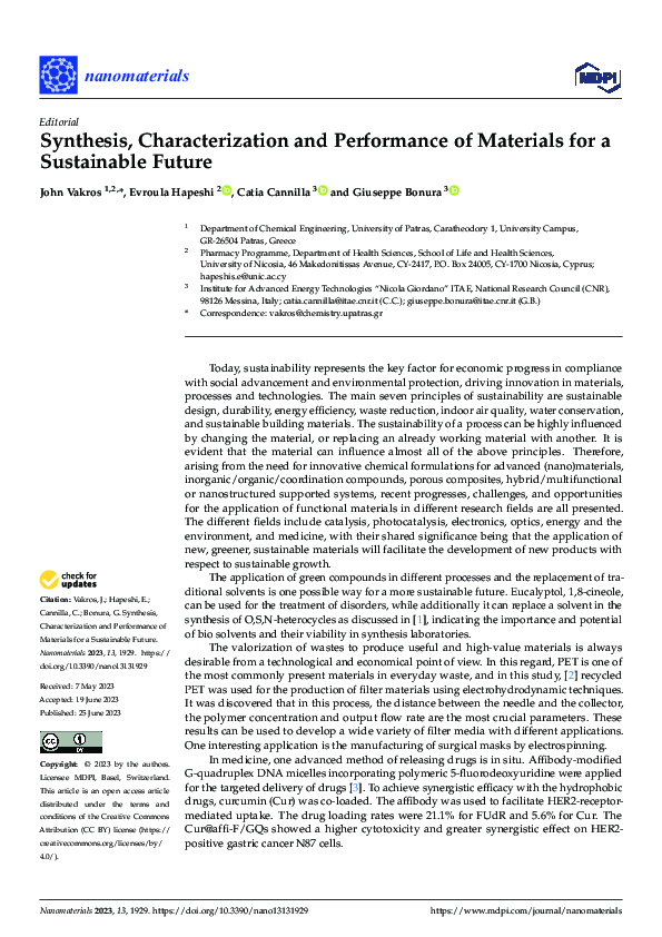 (PDF) Synthesis, Characterization and Performance of Materials for a ...
