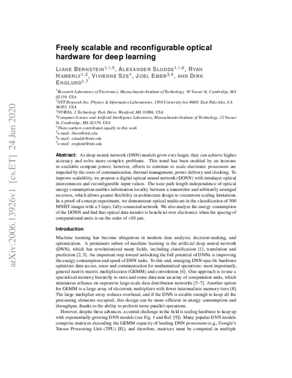 (PDF) Freely scalable and reconfigurable optical hardware for deep learning