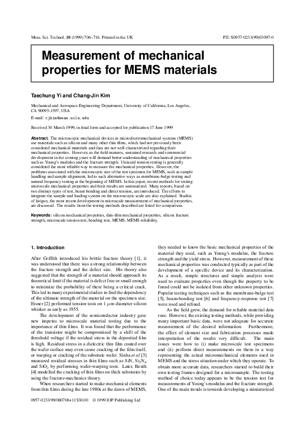 (PDF) Measurement of mechanical properties for MEMS materials