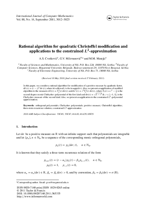 (PDF) Rational algorithm for quadratic Christoffel modification and ...