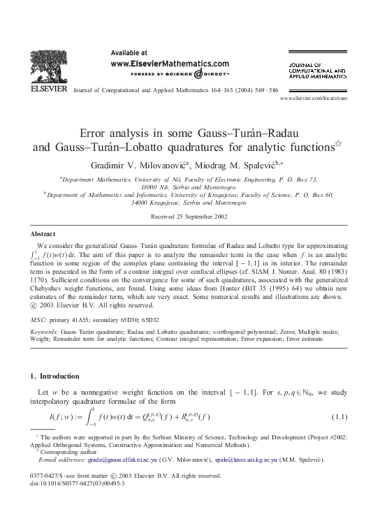 (PDF) Error analysis in some Gauss–Turán–Radau and Gauss–Turán–Lobatto ...