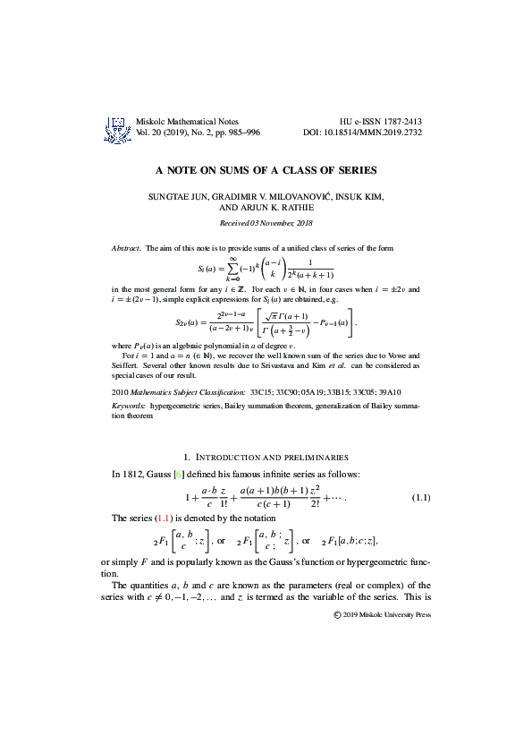 (PDF) A note on sums of a class of series