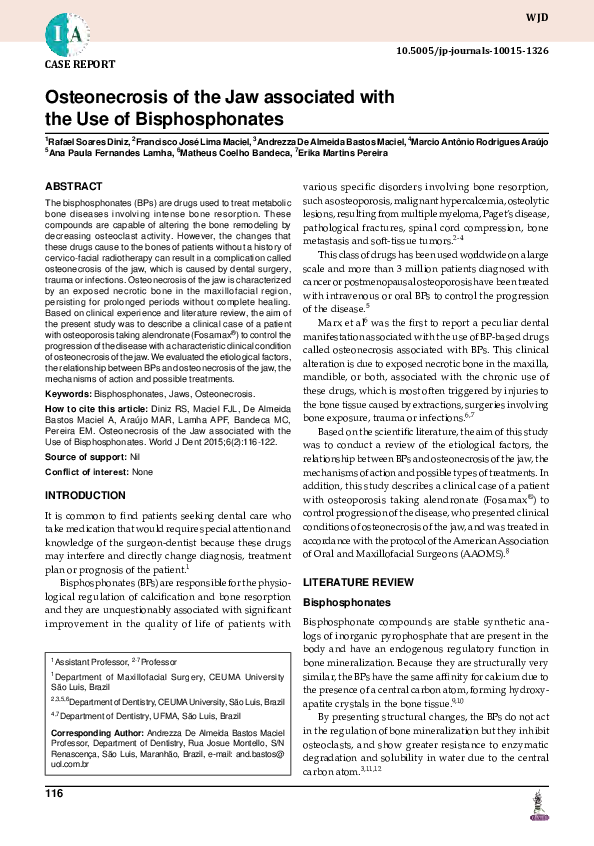 (PDF) Osteonecrosis of the Jaw associated with the Use of Bisphosphonates
