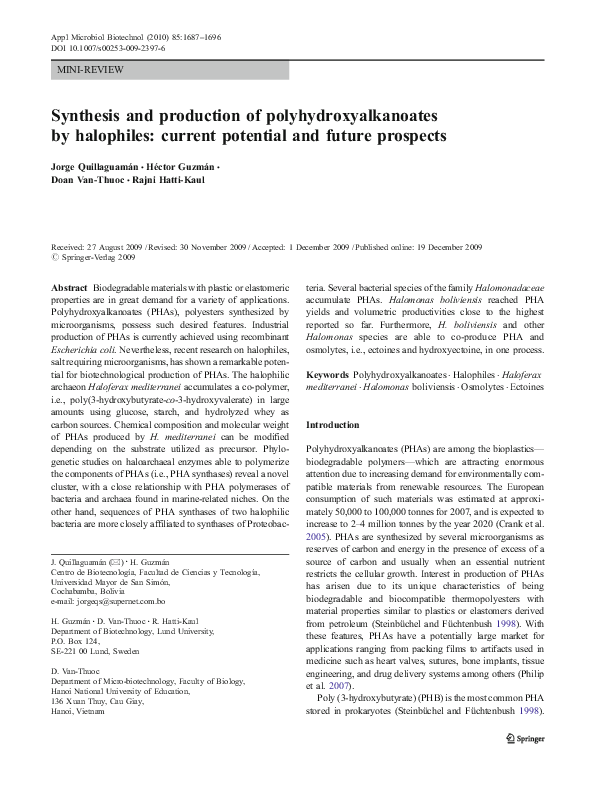 (PDF) Synthesis and production of polyhydroxyalkanoates by halophiles ...