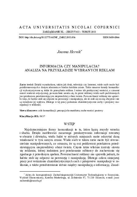 (PDF) Informacja czy manipulacja? Analiza na przykładzie wybranych reklam