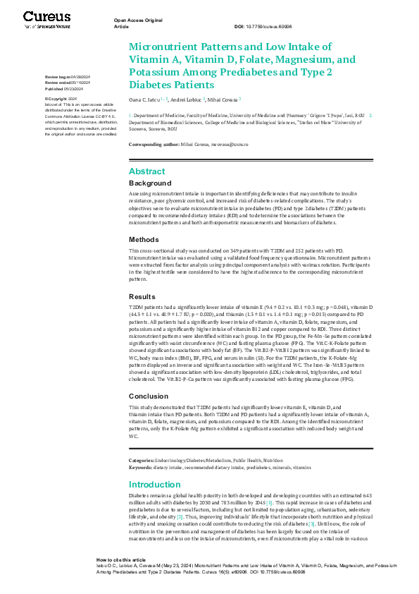 (PDF) Micronutrient Patterns and Low Intake of Vitamin A, Vitamin D ...