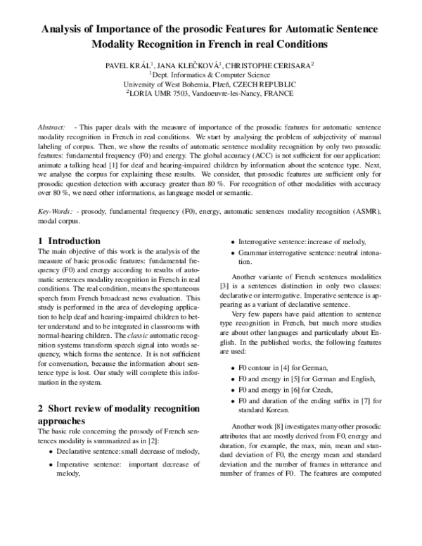 (PDF) Analysis of Importance of the prosodic Features for Automatic ...