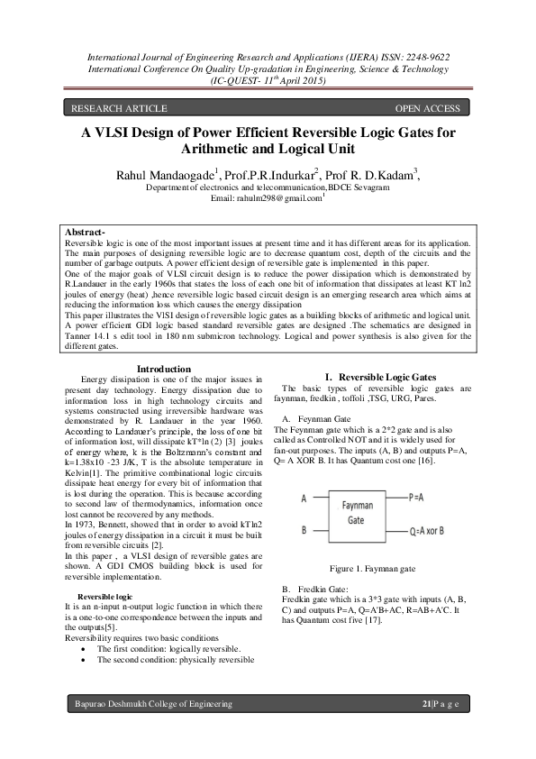 (PDF) Design of Power Efficient Reversible Logic Gates for Arithmetic ...