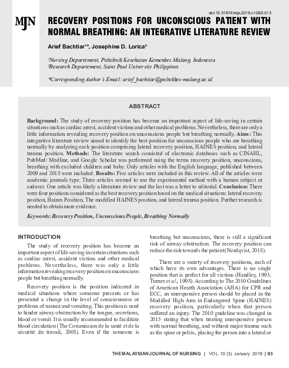 (PDF) Recovery Positions for Unconscious Patient with Normal Breathing ...