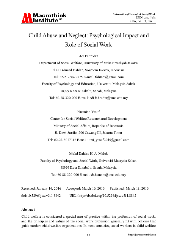 (PDF) Child Abuse and Neglect: Psychological Impact and Role of Social Work