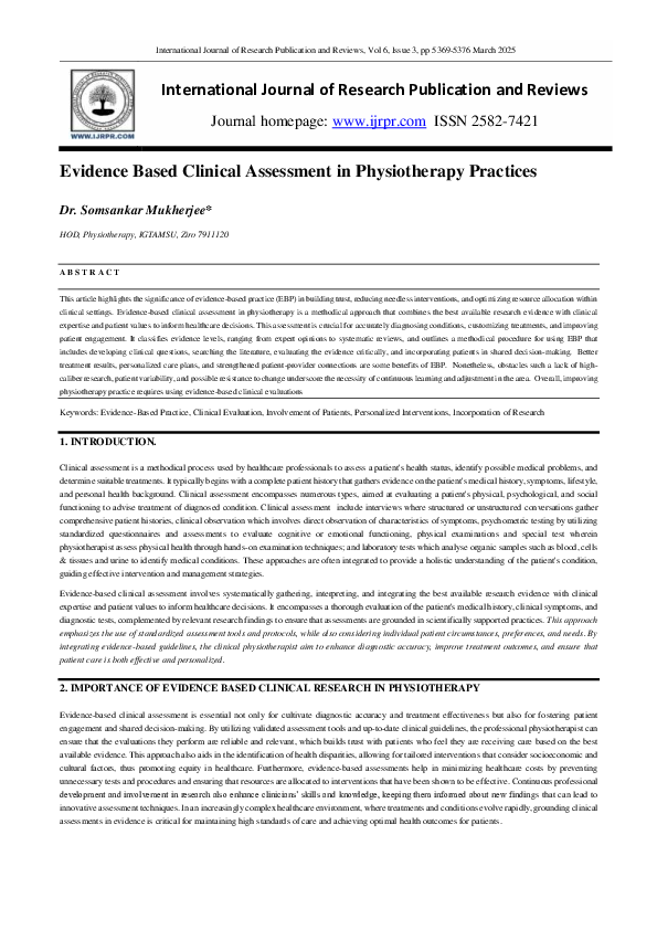 (PDF) Evidence Based Clinical Assessment in Physiotherapy Practices