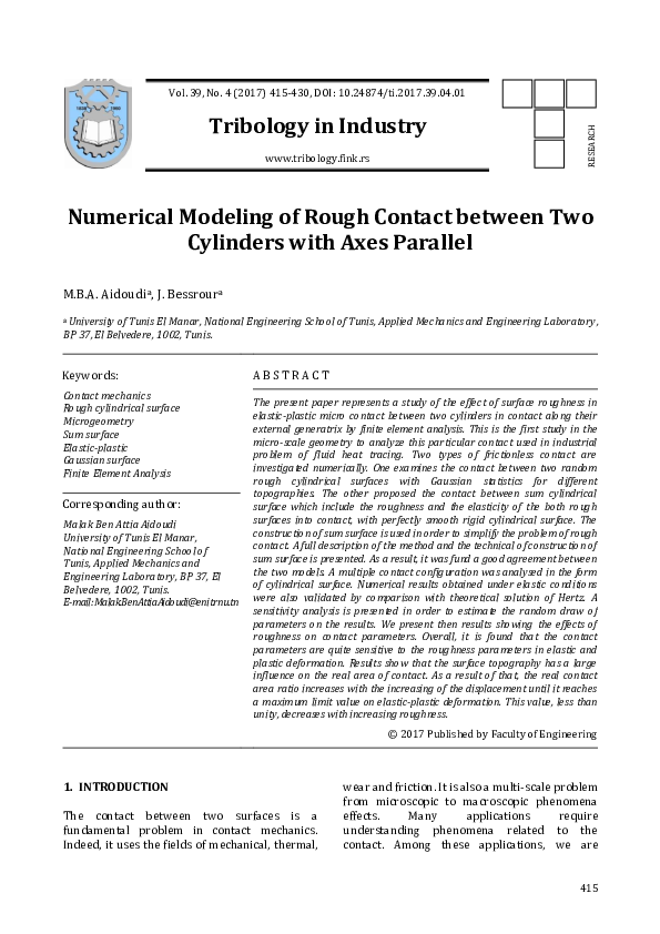 (PDF) Numerical Modeling of Rough Contact between Two Cylinders with ...