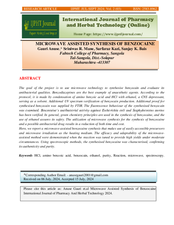(PDF) MICROWAVE ASSISTED SYNTHESIS OF BENZOCAINE