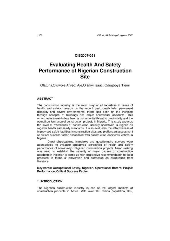 (PDF) Evaluating Health And Safety Performance of Nigerian Construction ...