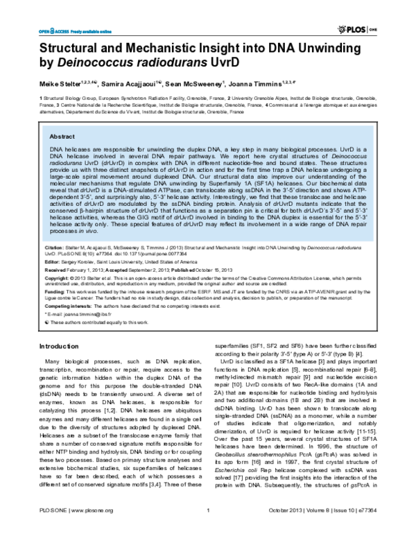 (PDF) Structural and Mechanistic Insight into DNA Unwinding by ...