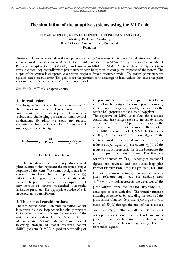 (PDF) The simulation of the adaptive systems using the MIT rule