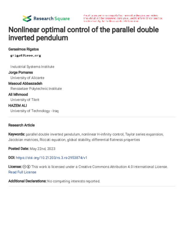 (PDF) Nonlinear optimal control of the parallel double inverted pendulum