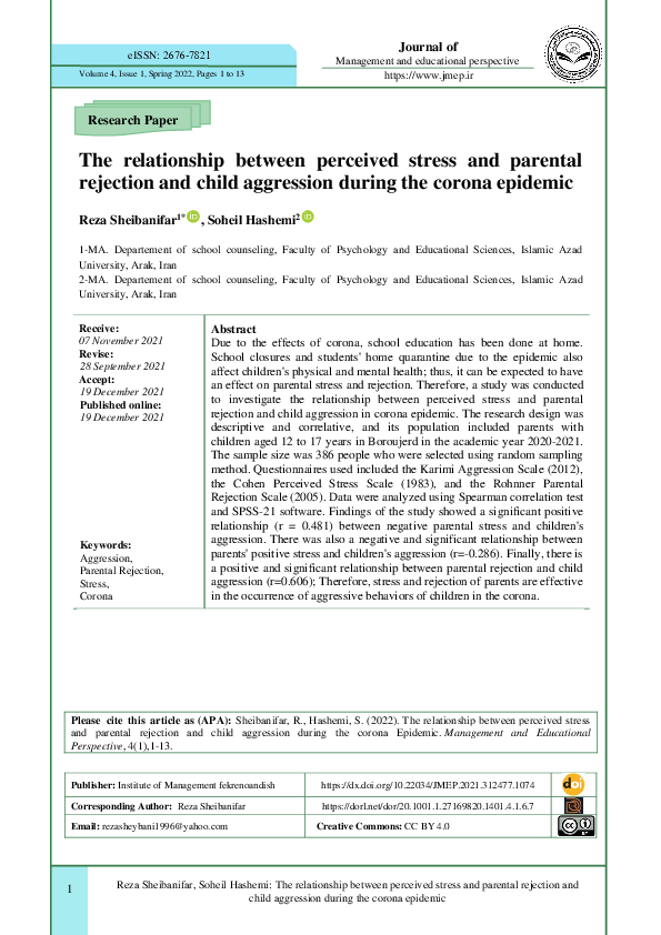 (PDF) The relationship between perceived stress and parental rejection ...