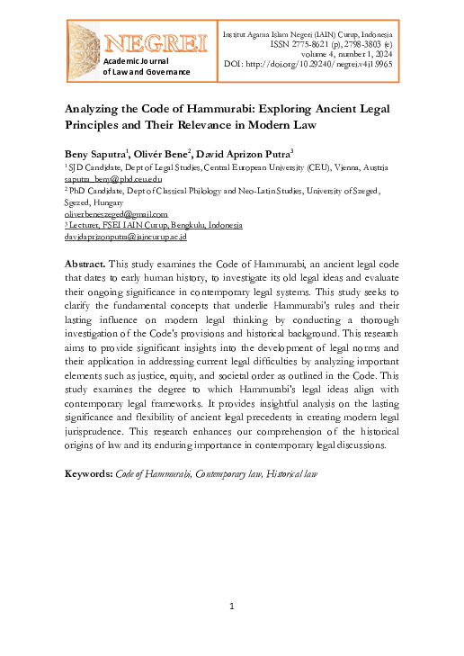 (PDF) Analyzing the Code of Hammurabi: Exploring Ancient Legal ...