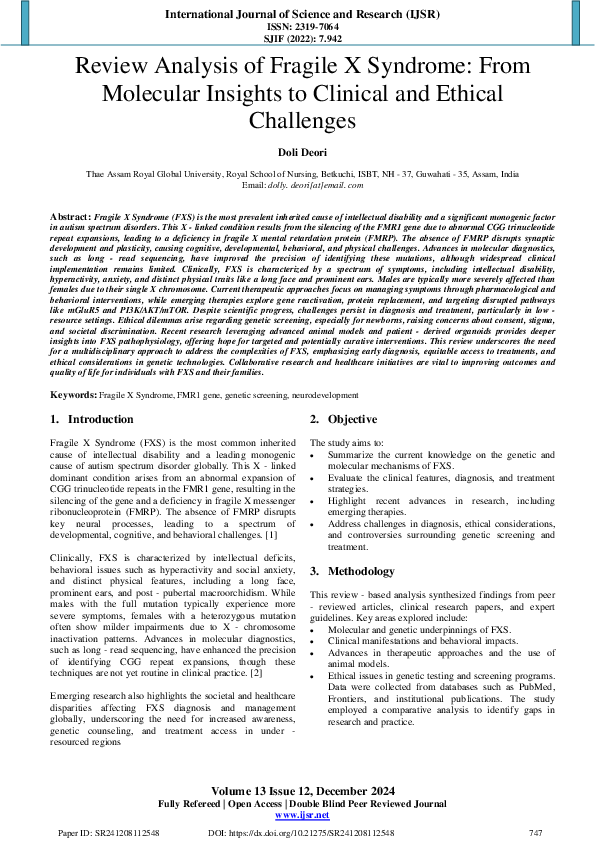 (PDF) Review Analysis of Fragile X Syndrome: From Molecular Insights to ...