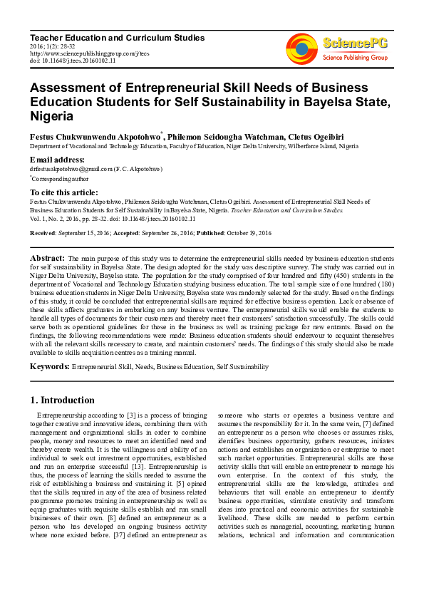 (PDF) Assessment of Entrepreneurial Skill Needs of Business Education ...