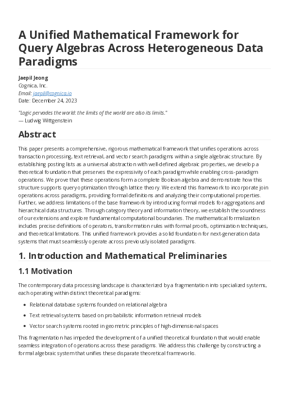 (PDF) A Unified Mathematical Framework for Query Algebras Across ...