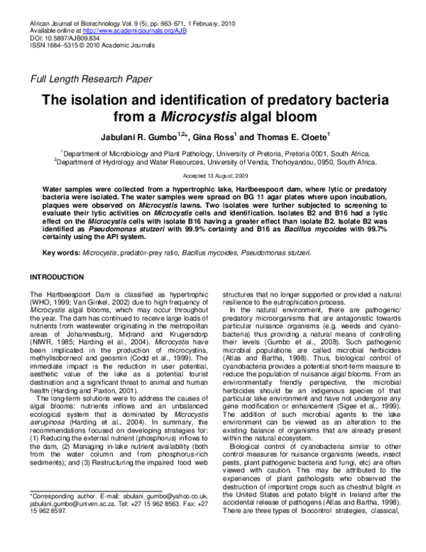 (PDF) The isolation and identification of predatory bacteria from a ...