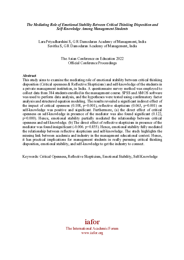 (PDF) The Mediating Role of Emotional Stability between Critical ...
