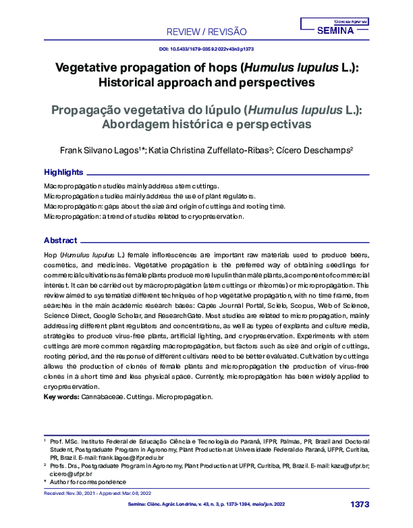 (PDF) Vegetative propagation of hops (Humulus lupulus L.): Historical ...