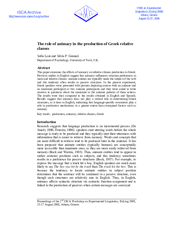 (PDF) The role of animacy in the production of Greek relative clauses
