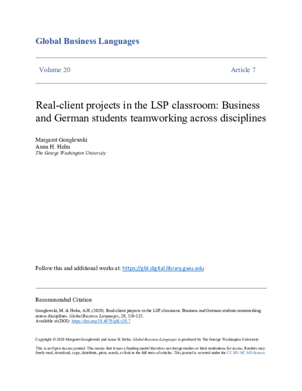 (PDF) Real-client projects in the LSP classroom: Business and German ...