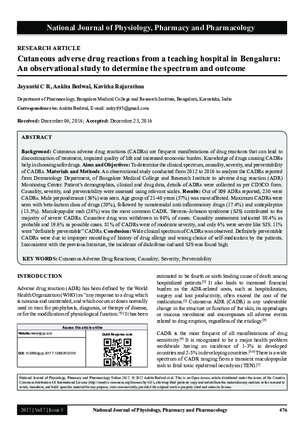 (PDF) Cutaneous adverse drug reactions from a teaching hospital in ...