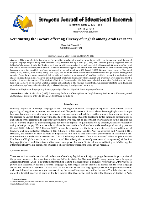 (PDF) Scrutinizing the Factors Affecting Fluency of English among Arab ...