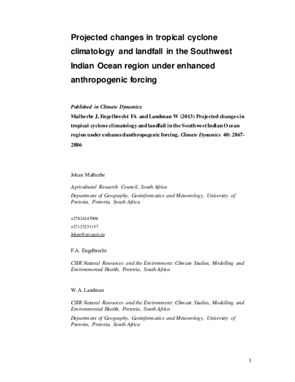 (PDF) Projected changes in tropical cyclone climatology and landfall in ...