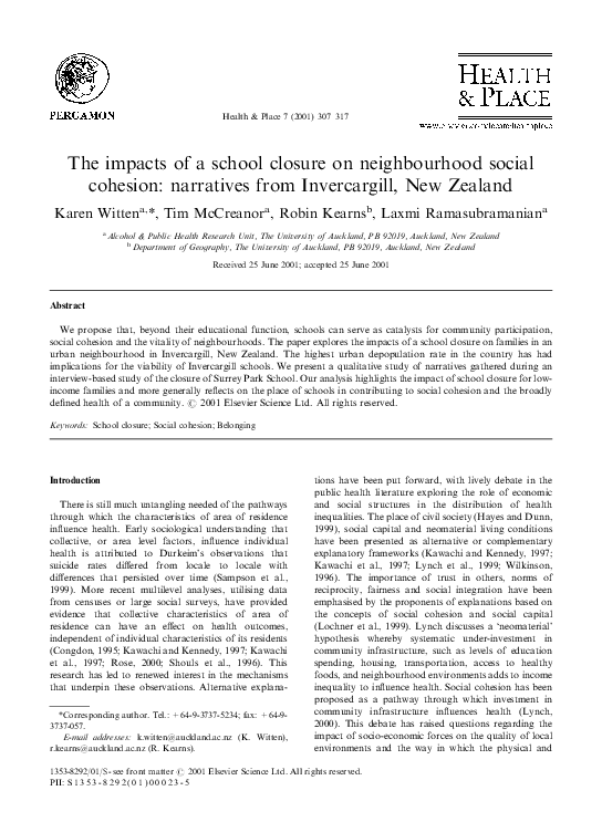 (PDF) The impacts of a school closure on neighbourhood social cohesion ...